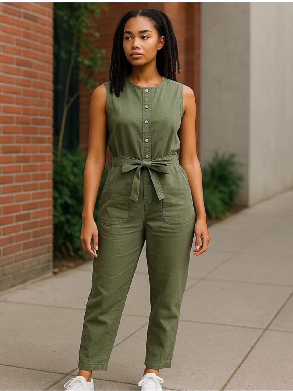 Nicole Miller 100% Linen Jumpsuit Olive Green Utility Romper Quiet Luxury Size 6